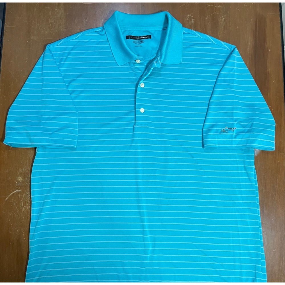 Greg Norman Polo Mens Large Turquoise Blue Excellent Striped Play Dry Golf Shirt